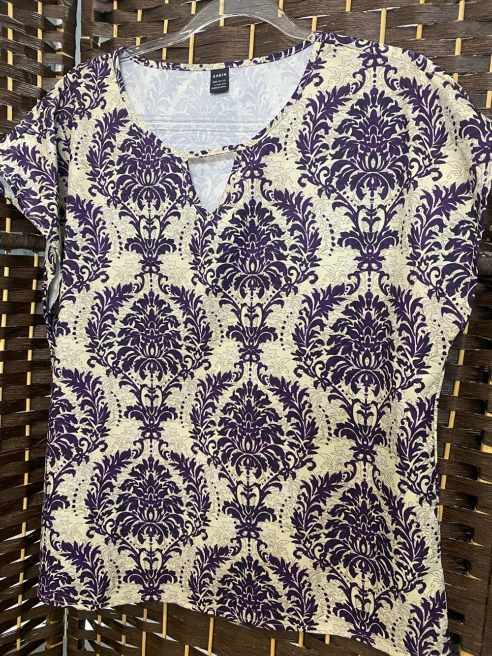 SHEIN Cream Short Sleeve Tee with Purple Damask Print
